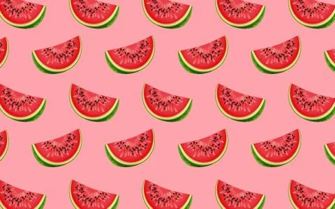 Fruit pattern of fresh watermelon halves on red background. from top view. ve Stock Illustration