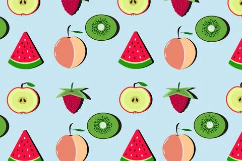 Fruit pattern with peach, kiwi, watermelon, raspberry on blue background. Illustrazione stock