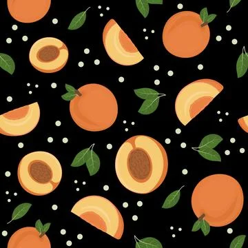 Fruit pattern of peaches on a black background, vector illustration Stock Illustration