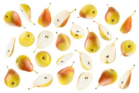 Fruit pattern of ripe fresh yellow pears with speckled red side, close up, is Stock Photos