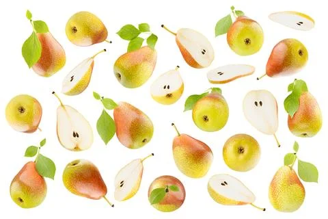 Fruit pattern of ripe fresh yellow pears with speckled red side, closeup, iso Stock Photos