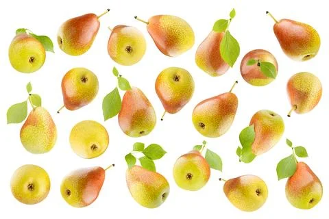 Fruit pattern of ripe fresh yellow pears with speckled red side, green leaves Stock Photos