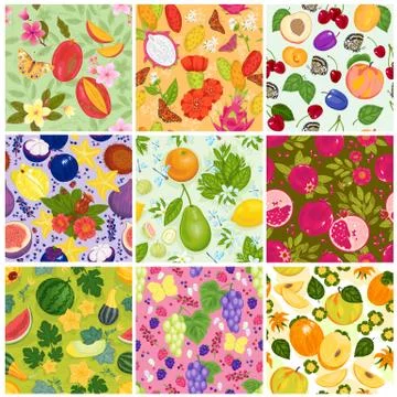 Fruit pattern seamless vector fruity backdrop and fruitful exotic wallpaper with Ilustração Stock