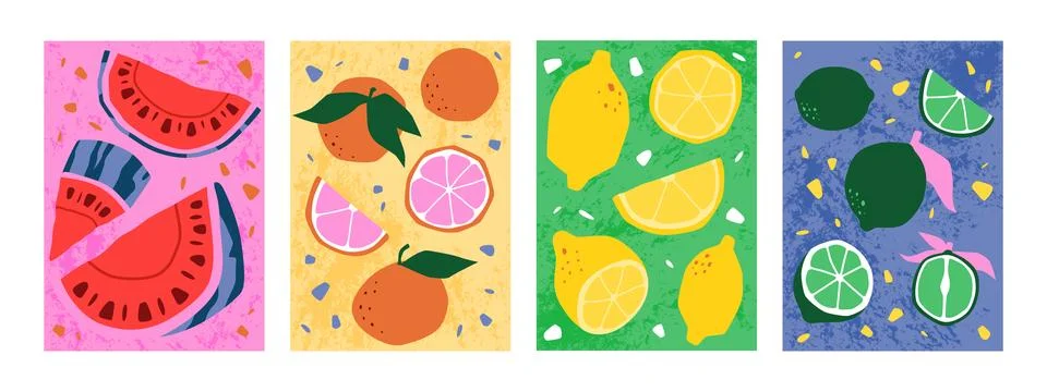 Fruit pattern template. Summer doodle of watermelon, strawberry, citrus lemon Stock Illustration