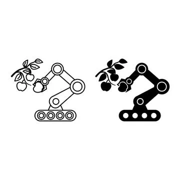 Fruit Picking Robotic Arm Icons. Line and Glyph Vector Illustrations. Mecha.. Ilustración de archivo
