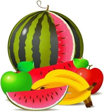 Fruit-piece with melon apple and banana Stock Illustration