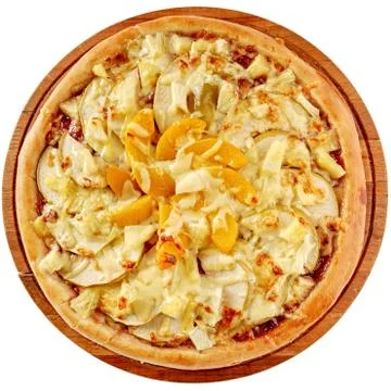 Fruit pizza with pineapple, peaches and apples Stock Photos