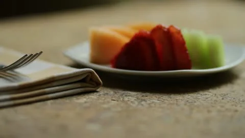 Fruit plate breakfast on a warm summer morning at a resort in Sonoma 스톡 동영상 10914891