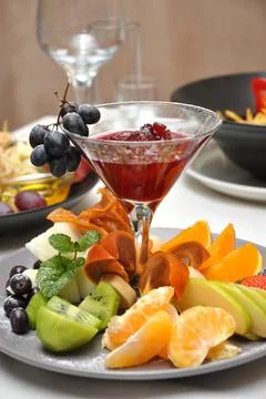 Fruit platter at a buffet in a restaurant. Close up Stock Photos