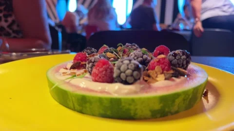 Fruit platter interesting fruit sandwich with granules yogurt cream on Stock Footage 294419803