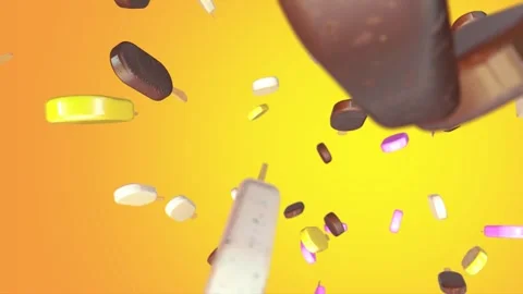 Fruit popsicle. Colored ice cream. Different varieties. Orange background. Stock Footage 256692355