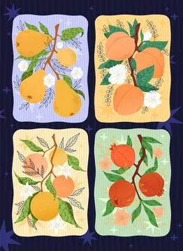 Fruit poster. Pear branch, peach tree, orange fruit, pomegranate leaves. Vintage Stock Illustration