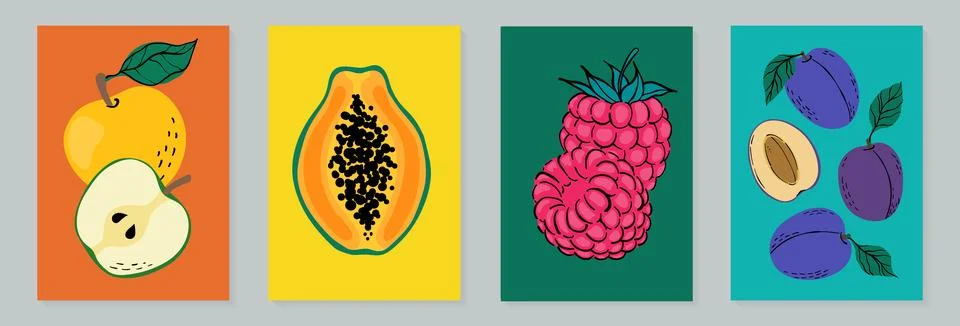 Fruit poster set apple,papaya, raspberry and plum. Modern style, pastel color イラスト素材