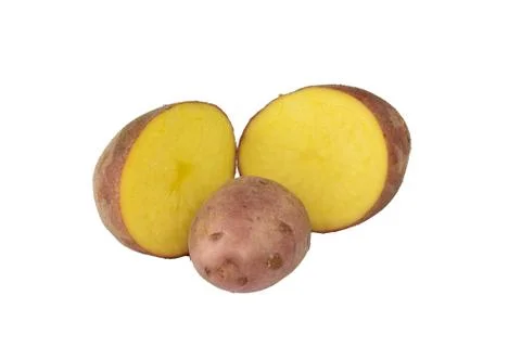 The fruit of the potato is cut in half, isolate on white. Stock Photos