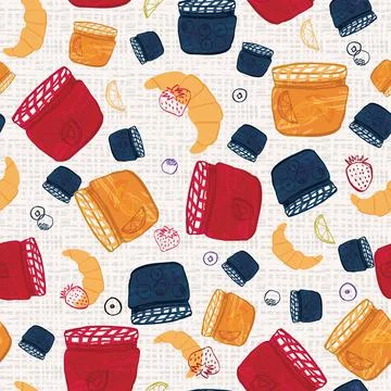Fruit preserve background seamless vector pattern. Hand-drawn breakfast jams and Stock Illustration