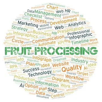 Fruit Processing typography word cloud create with the text only. Stock Illustration