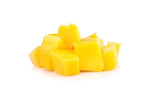 Fruit pulp cube piece mango fall isolated on white background Stock Photos