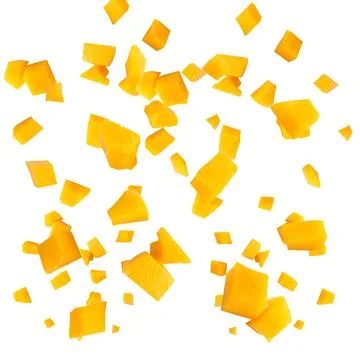 Fruit pulp cube piece mango fall isolated on white background Stock Photos