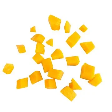 Fruit pulp cube piece mango fall isolated on white background Stock Photos