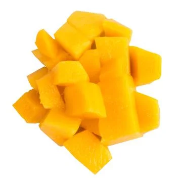 Fruit pulp cube piece mango fall isolated on white background Stock Photos
