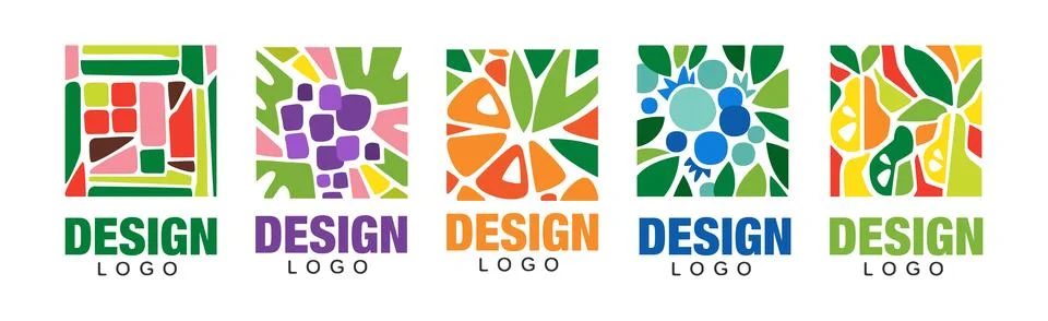 Fruit Rectangular Original Logo Design with Bright Color Vector Set Stock-Illustration