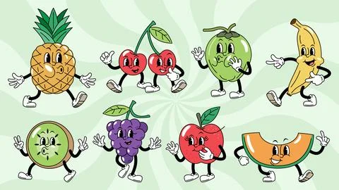 Fruit. Retro rubber hose style cartoon characters set, featuring a walking .. Stock Illustration