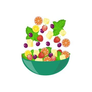 Fruit salad ingredients falling or flying into a bowl. Healthy fresh berries Stock-Illustration