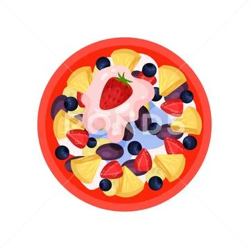 Fruit salad with pineapple, ripe strawberry, plum, blueberry and fresh yogurt Stock Illustration