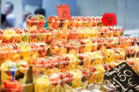 Fruit salad in plastic cups Stock Photos