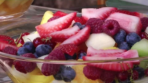 Fruit Salad with strawberries, blueberries, raspberry, orange, and much more Stock Footage 281204048