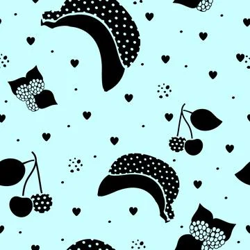 Fruit seamless pattern with abstract texture. Banana, cherries and blackberries. Stock Illustration