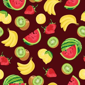 Fruit seamless pattern. Banana, kiwi, strawberry, watermelon, lemon. Stock Illustration