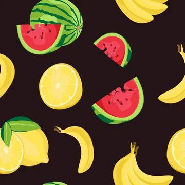 Fruit seamless pattern. Banana, lemon and watermelon. Stock Illustration