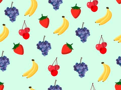 Fruit seamless pattern with bananas, cherries, strawberries and grapes Illustrazione stock