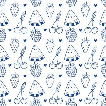 Fruit seamless pattern blue line art doodle summer berry background for textile Stock-Illustration