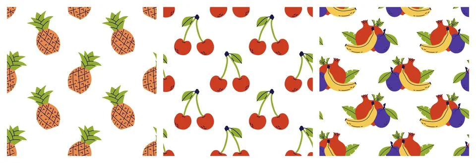 Fruit seamless pattern bundle. Pineapple, cherry and pomegranate. Banana, gar Illustrazione stock