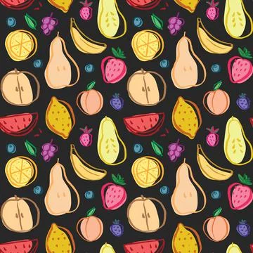 Fruit seamless pattern, collection of juicy fruits, apple, pear, strawberry,  Stock Illustration