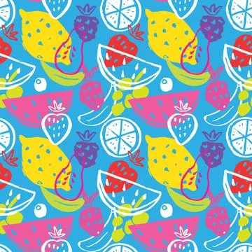 Fruit seamless pattern, collection of juicy fruits, apple, pear, strawberry,  Stock Illustration
