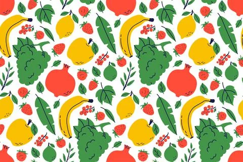 Fruit seamless pattern. Garnet, banana and grape. Color illustration in hand- Illustrazione stock