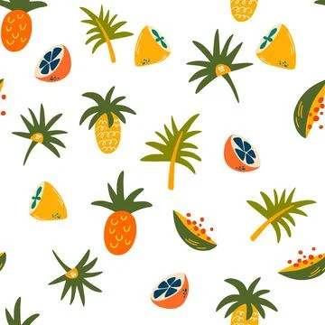 Fruit seamless pattern. Lemons, limes, papaya, pineapple and tropical leaves. Stock Illustration