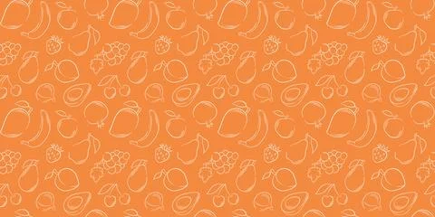 Fruit seamless pattern in line art style on orange background. Design for Stock Illustration