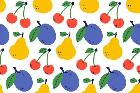 Fruit seamless pattern. Pear, cherry and plum. Color illustration in hand-dra 库存插图