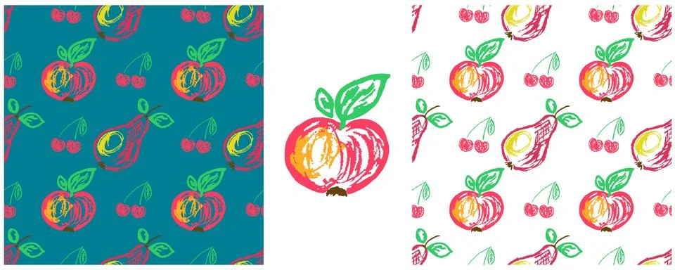 Fruit seamless pattern. Set drawings with wax crayons. Apples, cherries. Prin 스톡 일러스트
