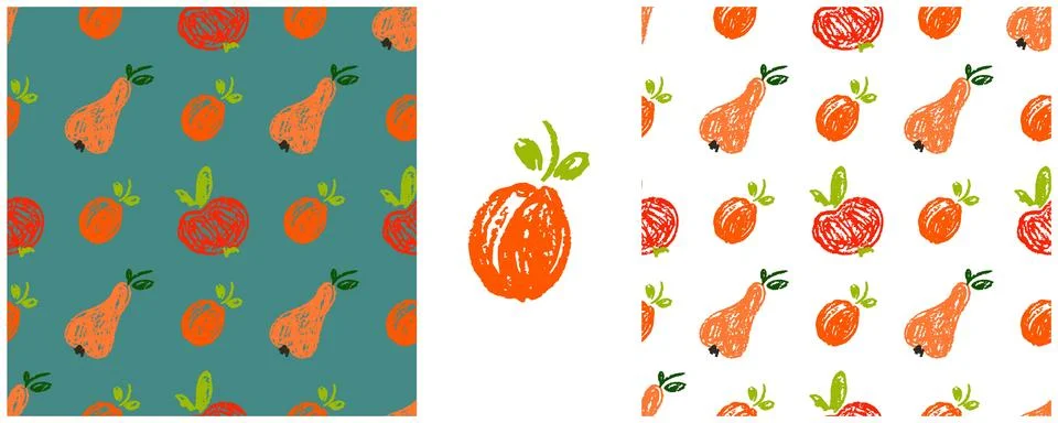 Fruit seamless pattern. Set drawings with wax crayons. Apricots, apples. Prin Illustrazione stock
