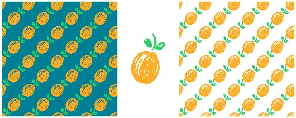 Fruit seamless pattern. Set drawings with wax crayons. Apricots. Print for cl Illustrazione stock