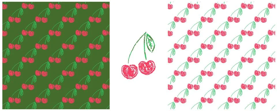 Fruit seamless pattern. Set drawings with wax crayons. Cherries. Print for cl 스톡 일러스트