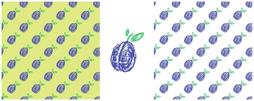 Fruit seamless pattern. Set drawings with wax crayons. Plums. Print for cloth Stock Illustration