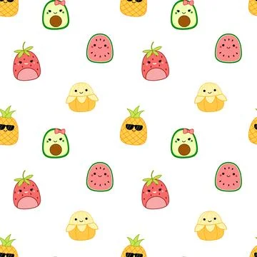 Fruit seamless pattern. Squishmallow. Banana, pineapple, avocado, strawberry Stock Illustration