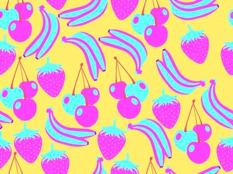 Fruit seamless pattern. Summer background with bananas, strawberries and cher Illustrazione stock