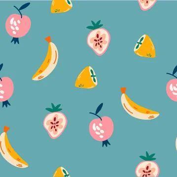 Fruit seamless pattern. Sweet, banana, lemon, strawberry and apple. Food back Stock Illustration